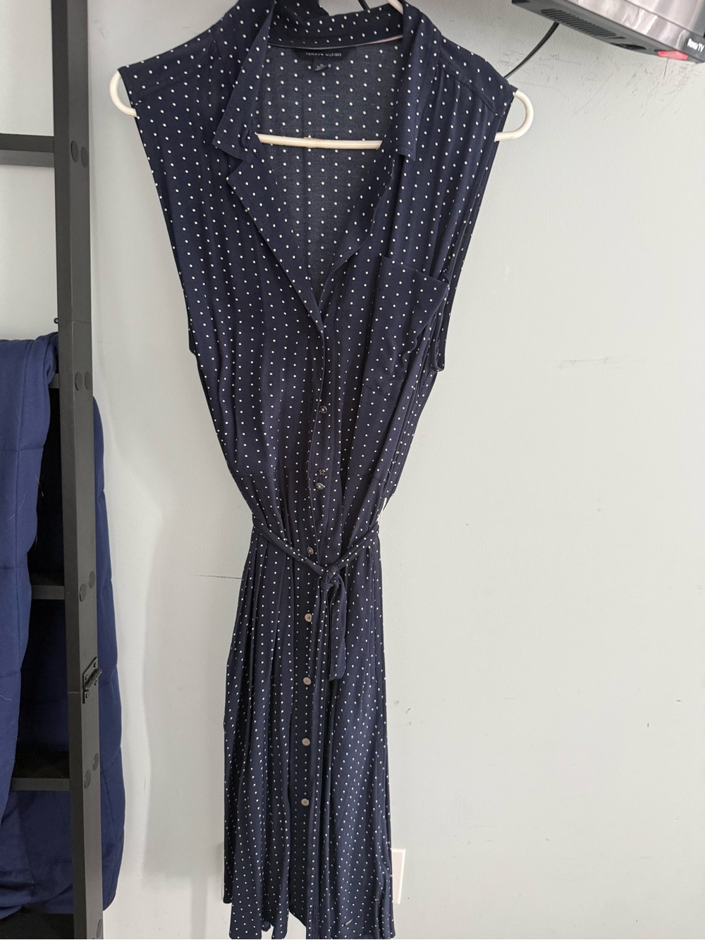 Tommy Hilfiger Navy Sleeveless Polka Dot Midi Shirt Dress